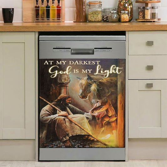 At My Darkest God Is My Light Dishwasher Cover, Jesus And Horse Family Dishwasher Magnet Cover, Christian Kitchen Decor