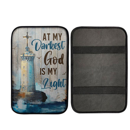 At My Drakest God Is My Life Lighthouse Car Center Console Cover, Religious Car Armrest Accessories