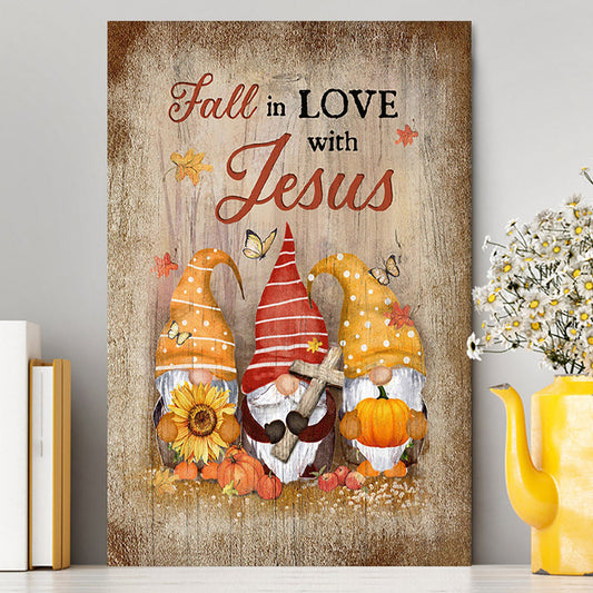 Autumn Gnome Wooden Cross Sunflower Butterfly - Fall In Love With Jesus Canvas Wall Art - Christian Canvas Prints