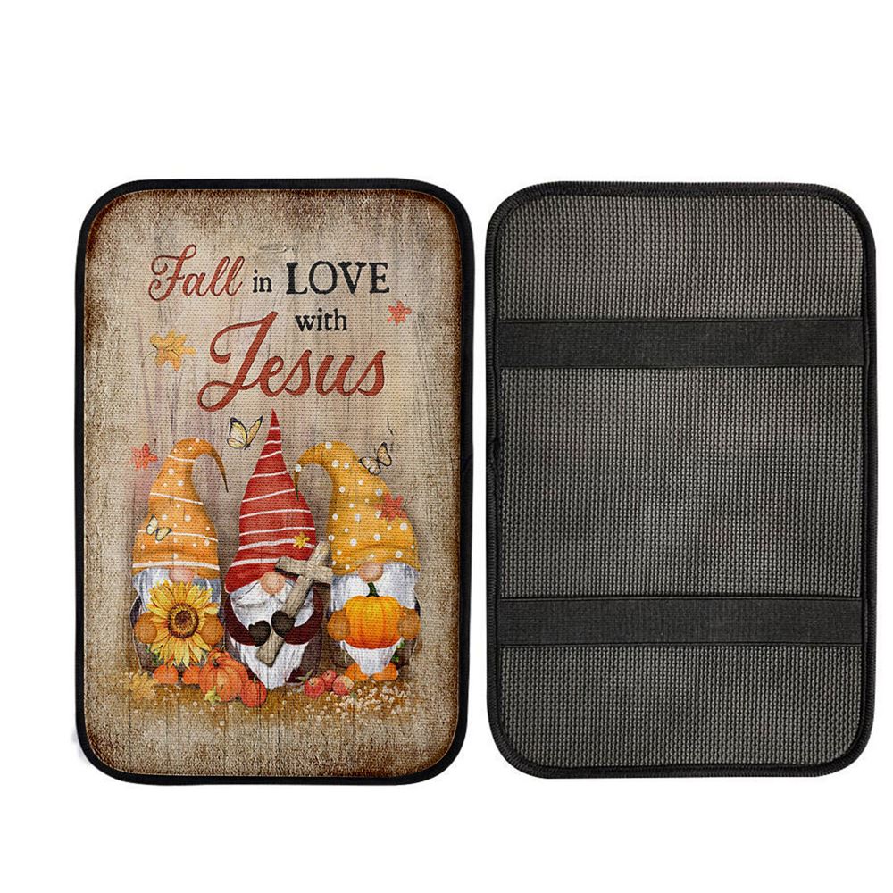 Autumn Gnome Wooden Cross Sunflower Butterfly - Fall In Love With Jesus Car Center Console Cover, Religious Car Armrest Accessories