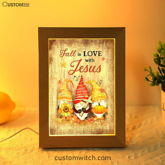 Autumn Gnome Wooden Cross Sunflower Butterfly - Fall In Love With Jesus Frame Lamp Art - Christian Night Light