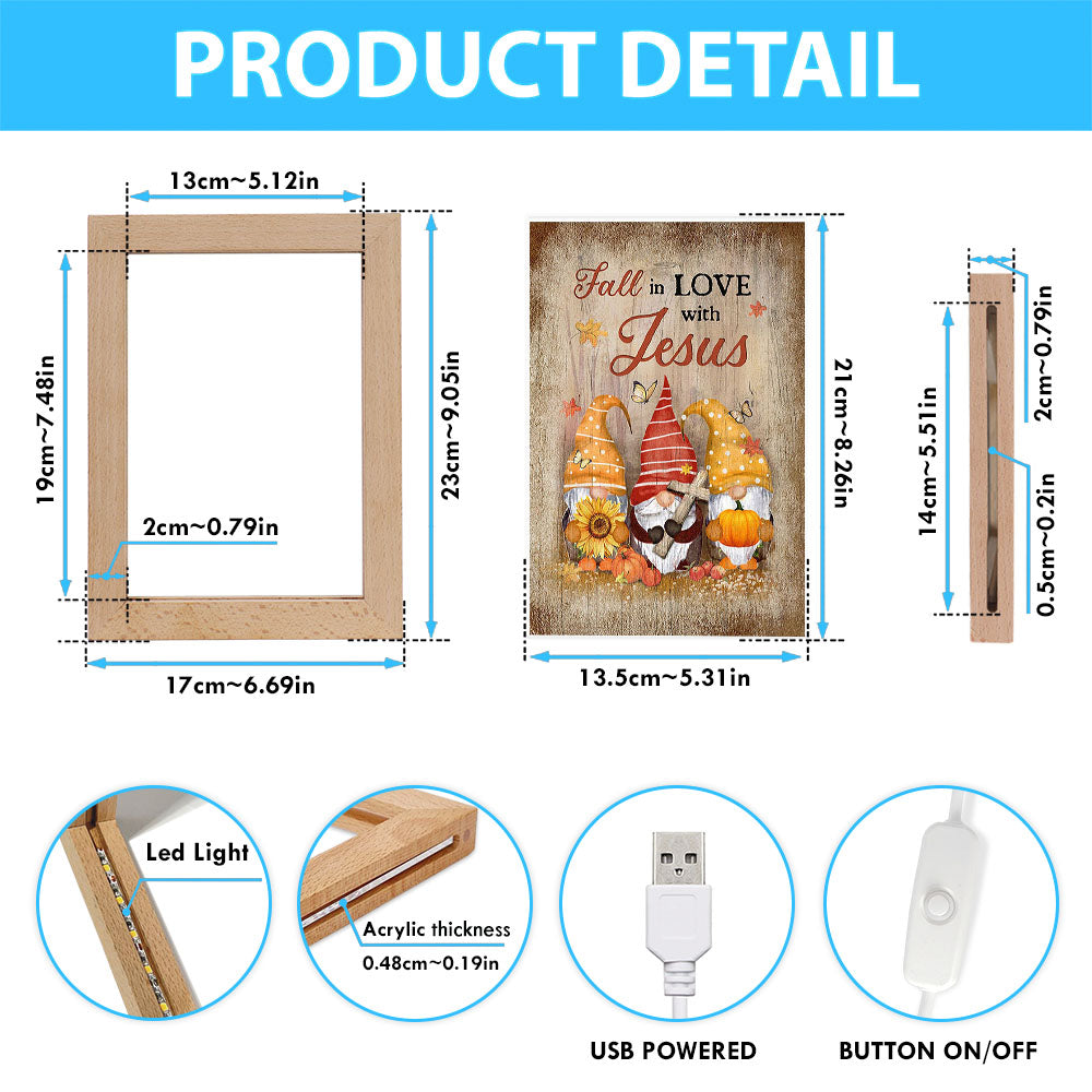 Autumn Gnome Wooden Cross Sunflower Butterfly - Fall In Love With Jesus Frame Lamp Art - Christian Night Light