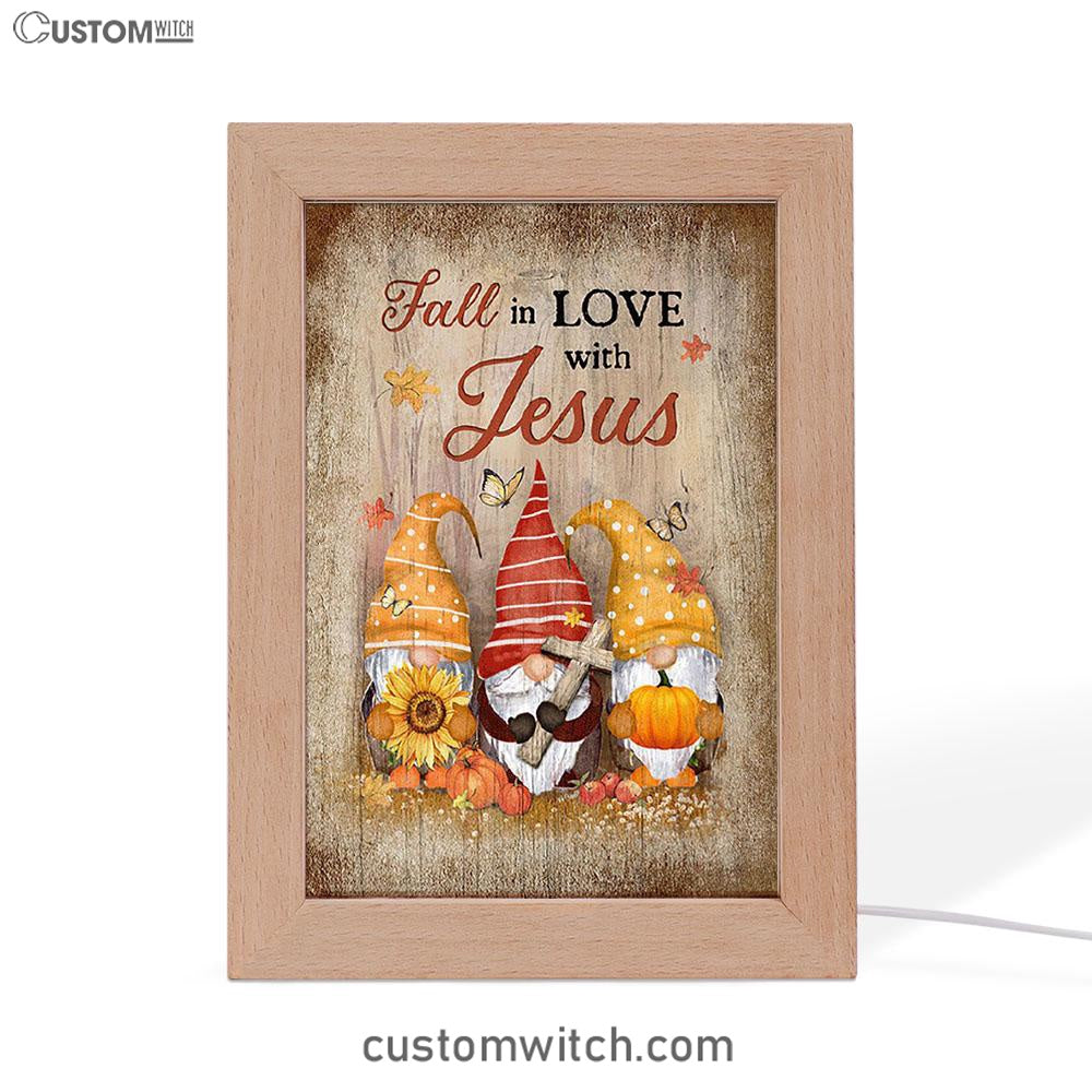 Autumn Gnome Wooden Cross Sunflower Butterfly - Fall In Love With Jesus Frame Lamp Art - Christian Night Light
