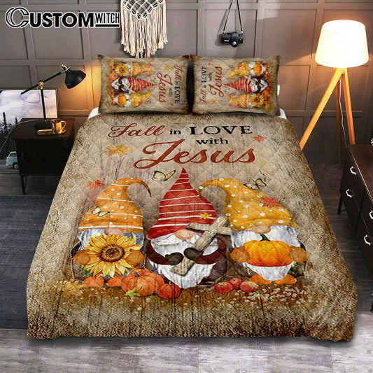 Autumn Gnome Wooden Cross Sunflower Butterfly - Fall In Love With Jesus Quilt Bedding Set Bedroom - Christian Quilt Bedding Set Prints