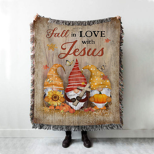 Autumn Gnome Wooden Cross Sunflower Butterfly - Fall In Love With Jesus Woven Throw Blanket - Christian Woven Blanket Prints