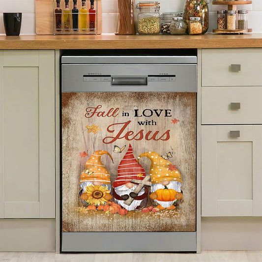 Autumn Gnome Wooden Cross Sunflower Butterfly Dishwasher Cover, Fall In Love With Jesus Dishwasher Magnet Cover, Christian Kitchen Decor