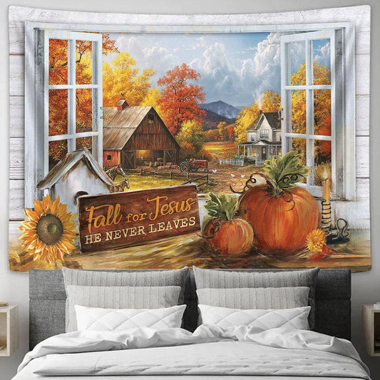 Autumn Pumpkin Farmhouse Fall For Jesus Tapestry Wall Art - Bible Verse Tapestry - Religious Tapestry Wall Hanging