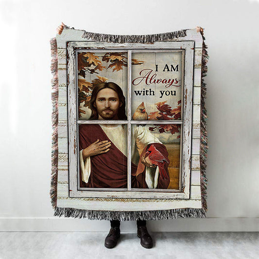 Autumn Season Cardinals Woven Blanket - I Am Always With You Woven Throw Blanket - Christian Woven Blanket Prints - Bible Verse Woven Blanket Art