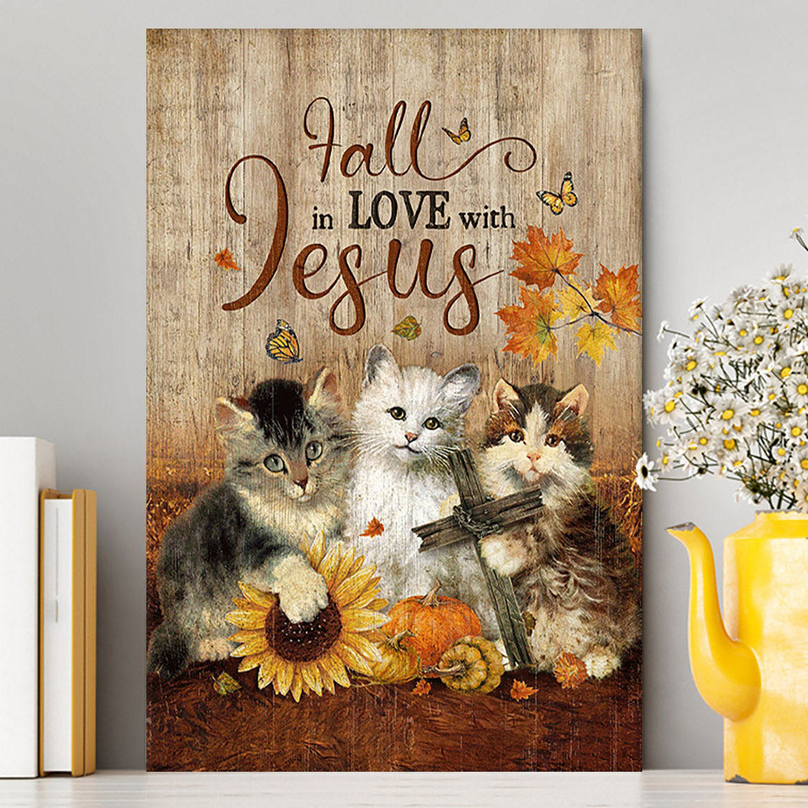 Autumn Season Cute Kittens Pumpkin Cat Painting Canvas - Fall In Love With Jesus Canvas Wall Art - Christian Canvas Prints