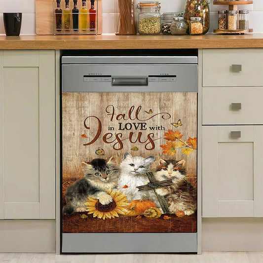 Autumn Season Cute Kittens Pumpkin Cat Painting Dishwasher Cover, Fall In Love With Jesus Dishwasher Magnet Cover, Christian Kitchen Decor