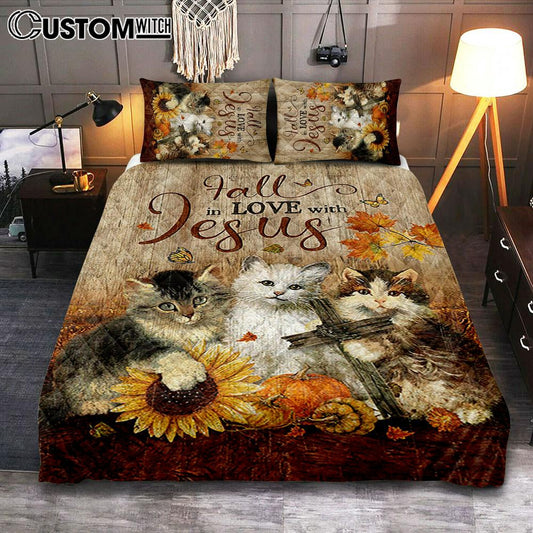Autumn Season Cute Kittens Pumpkin Cat Painting Quilt Bedding Set - Fall In Love With Jesus Quilt Bedding Set Bedroom - Christian Quilt Bedding Set Prints