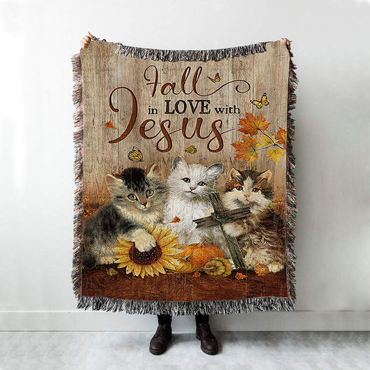 Autumn Season Cute Kittens Pumpkin Cat Painting Woven Blanket - Fall In Love With Jesus Woven Throw Blanket - Christian Woven Blanket Prints