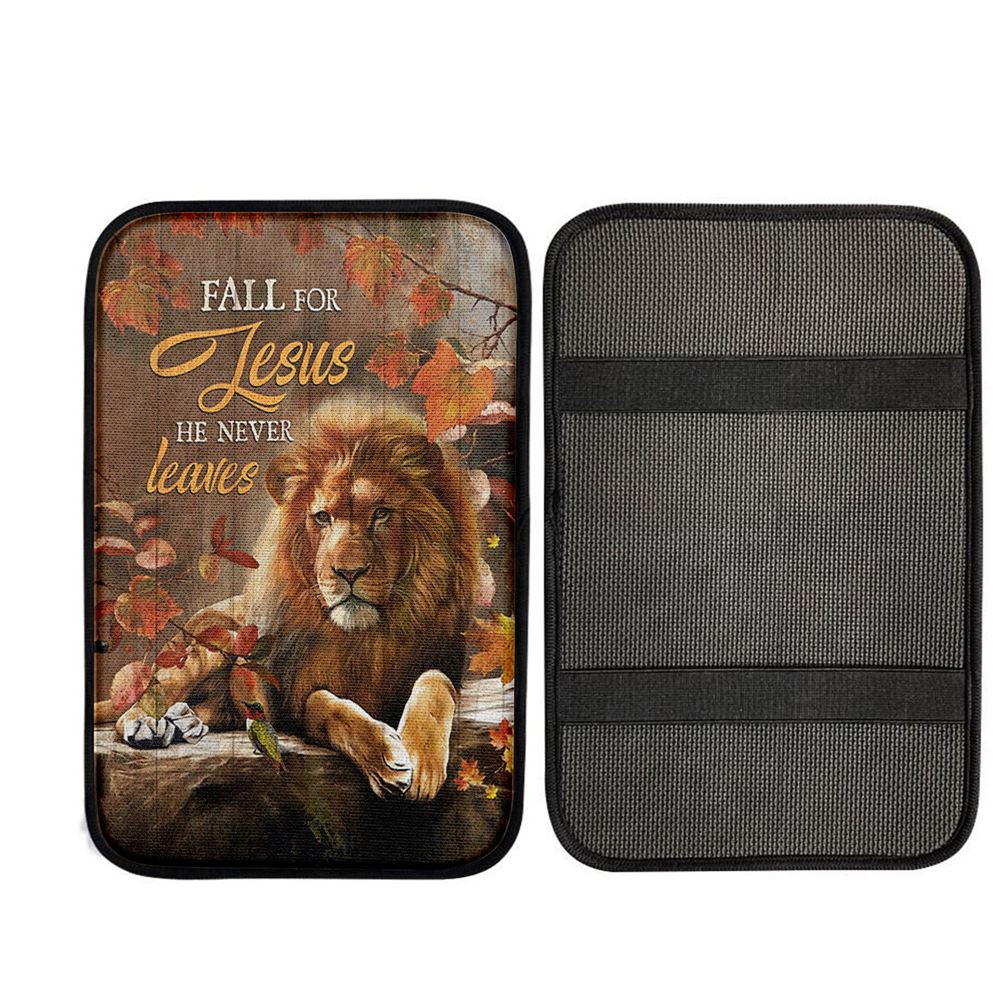 Autumn Season Lion Of Judah Autumn Leaves Fall For He Never Leaves Car Center Console Cover, Religious Car Armrest Accessories