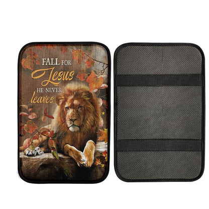 Autumn Season Lion Of Judah Autumn Leaves Fall For He Never Leaves Car Center Console Cover, Religious Car Armrest Accessories