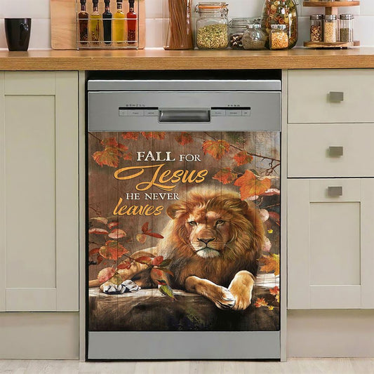 Autumn Season Lion Of Judah Autumn Leaves Fall For He Never Leaves Dishwasher Cover, Christian Dishwasher Magnet Cover