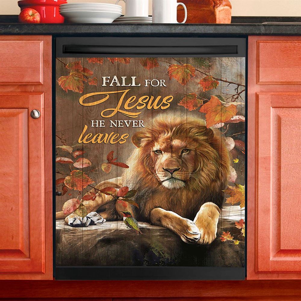 Autumn Season Lion Of Judah Autumn Leaves Fall For He Never Leaves Dishwasher Cover, Christian Dishwasher Magnet Cover