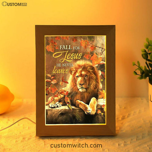 Autumn Season Lion Of Judah Autumn Leaves Fall For He Never Leaves Frame Lamp Art - Christian Night Light