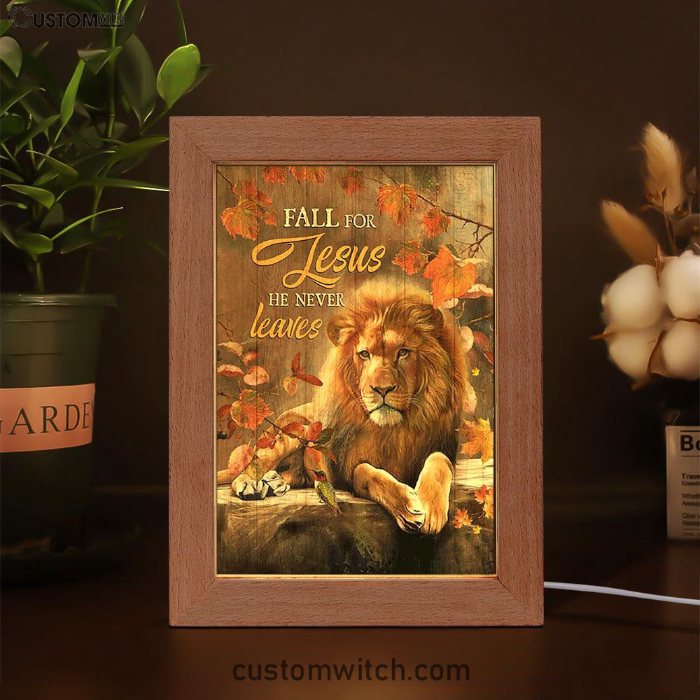 Autumn Season Lion Of Judah Autumn Leaves Fall For He Never Leaves Frame Lamp Art - Christian Night Light