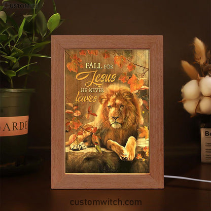 Autumn Season Lion Of Judah Autumn Leaves Fall For He Never Leaves Frame Lamp Art - Christian Night Light