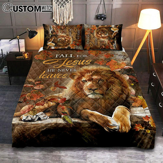 Autumn Season Lion Of Judah Autumn Leaves Fall For He Never Leaves Quilt Bedding Set Bedroom - Christian Quilt Bedding Set Prints