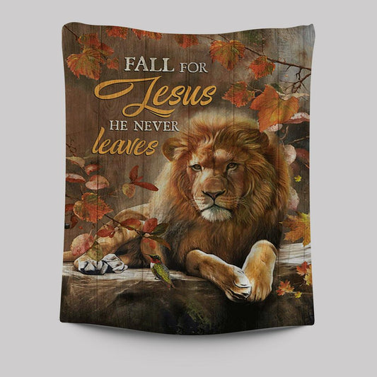 Autumn Season Lion Of Judah Autumn Leaves Fall For He Never Leaves Tapestry Wall Art - Christian Tapestries Prints