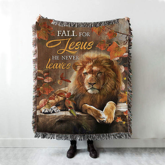 Autumn Season Lion Of Judah Autumn Leaves Fall For He Never Leaves Woven Throw Blanket - Christian Woven Blanket Prints