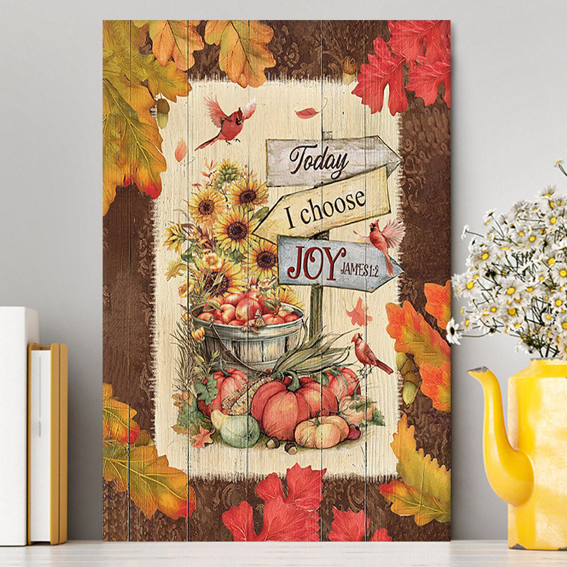 Autumn Season Red Cardinal Pumpkin Sunflower Canvas - Today I Choose Joy Canvas Wall Art - Christian Canvas Prints