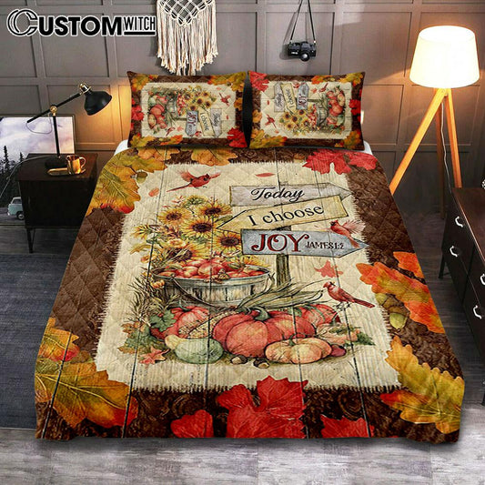 Autumn Season Red Cardinal Pumpkin Sunflower Quilt Bedding Set - Today I Choose Joy Quilt Bedding Set Bedroom - Christian Quilt Bedding Set Prints