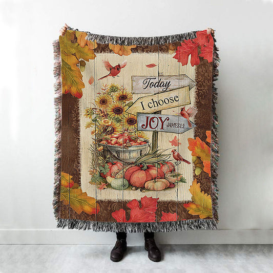 Autumn Season Red Cardinal Pumpkin Sunflower Woven Blanket - Today I Choose Joy Woven Throw Blanket - Christian Woven Blanket Prints