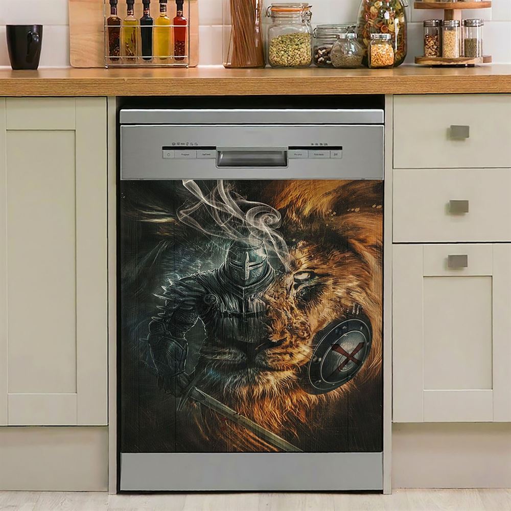 Awesome Warrior And Lion Dishwasher Cover, Christian Home Decor, Religious Kitchen Decor