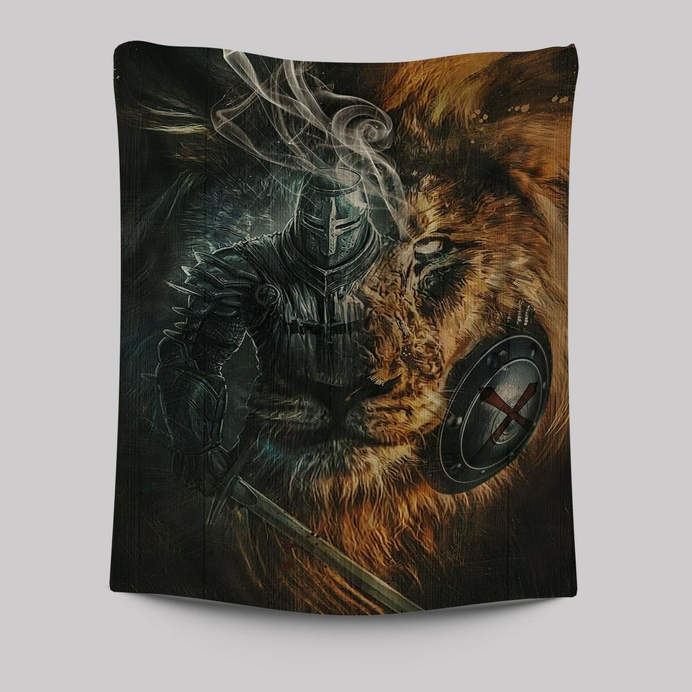 Awesome Warrior And Lion Tapestry Wall Art -  Christian Indoor Wall Tapestries - Religious Art