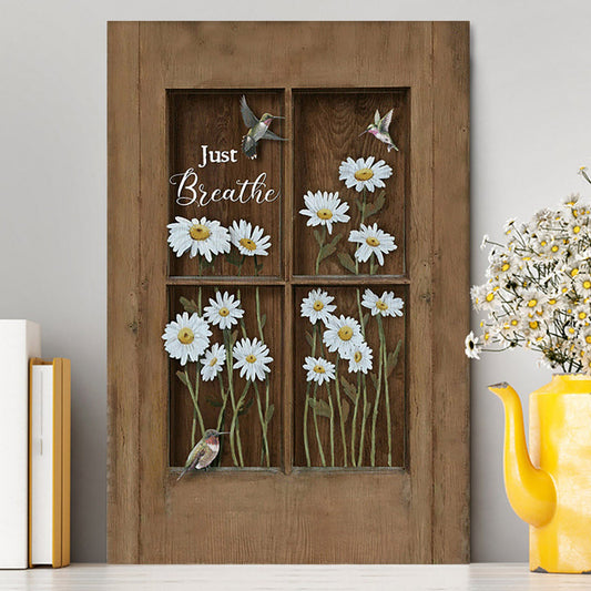Baby Daisy Flower Hummingbird Just Breathe Canvas Wall Art - Christian Canvas Prints - Bible Verse Canvas Art