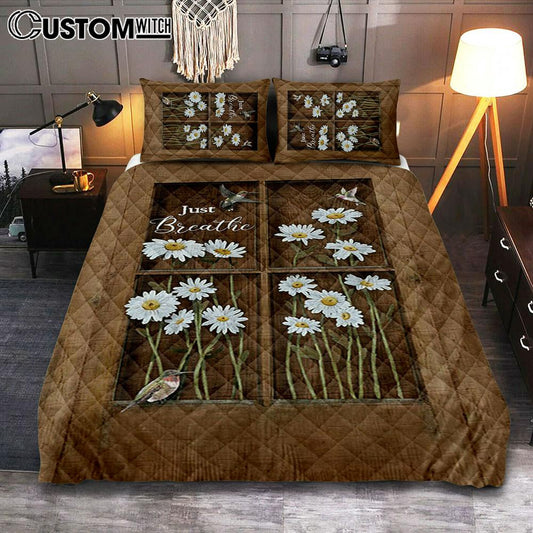 Baby Daisy Flower Hummingbird Just Breathe Quilt Bedding Set Bedroom - Christian Quilt Bedding Set Prints - Bible Verse Quilt Bedding Set Art