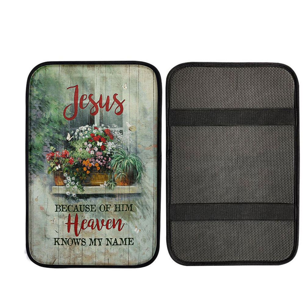 Baby Flower Butterfly Because Of Him Heaven Knows My Name Car Center Console Cover, Religious Car Armrest Accessories