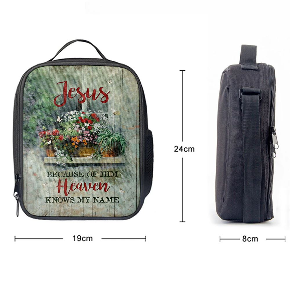 Baby Flower Butterfly Because Of Him Heaven Knows My Name Lunch Bag, Christian Lunch Bag For School, Picnic, Religious Lunch Bag