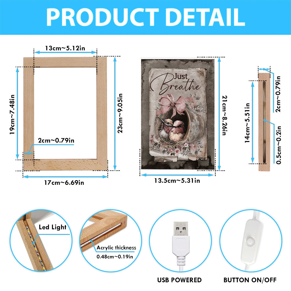 Baby Hummingbird Just Breathe Frame Lamp Art - Christian Night Light - Bible Verse Wooden Lamp