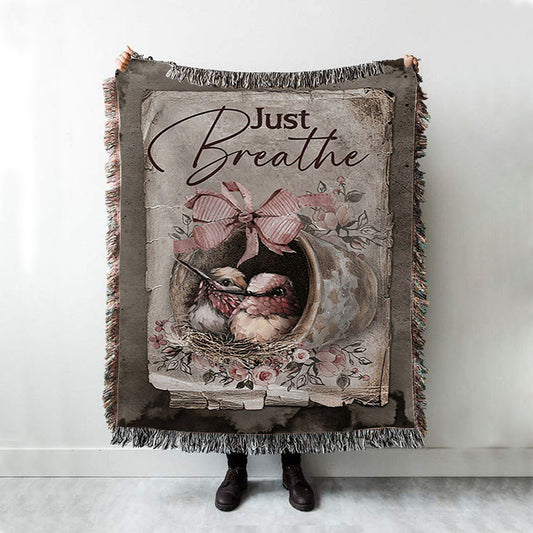 Baby Hummingbird Just Breathe Woven Throw Blanket - Christian Woven Blanket Prints - Bible Verse Woven Blanket Art