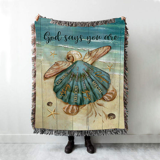 Baby Turtle God Says You Are Woven Blanket Art - Bible Verse Throw Blanket - Christian Inspirational Boho Blanket