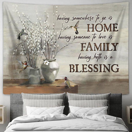 Baby White Flower Hummingbird Having Somewhere To Go Is Home Tapestry Wall Art - Bible Verse Tapestry - Religious Tapestry Wall Hanging