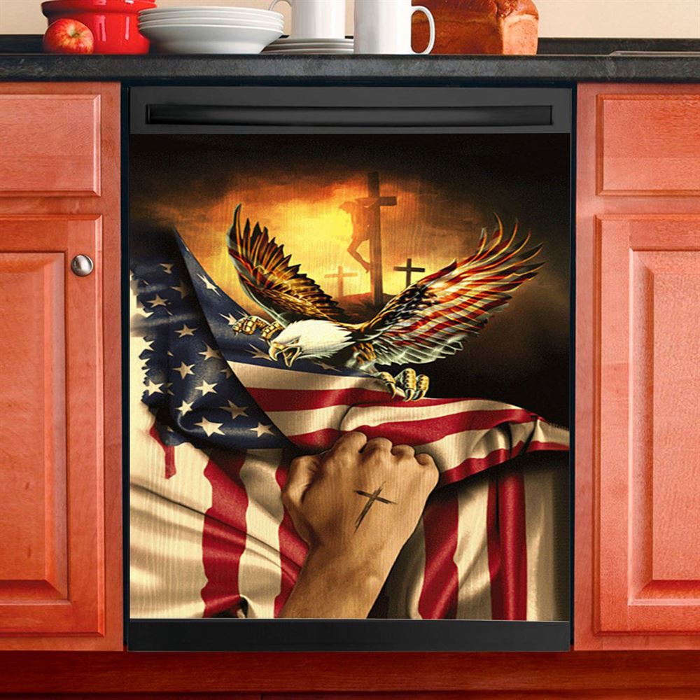 Bald Eagle American Flag Jesus Christ On Cross Take My Hand Dishwasher Cover, Christian Dishwasher Magnet Cover