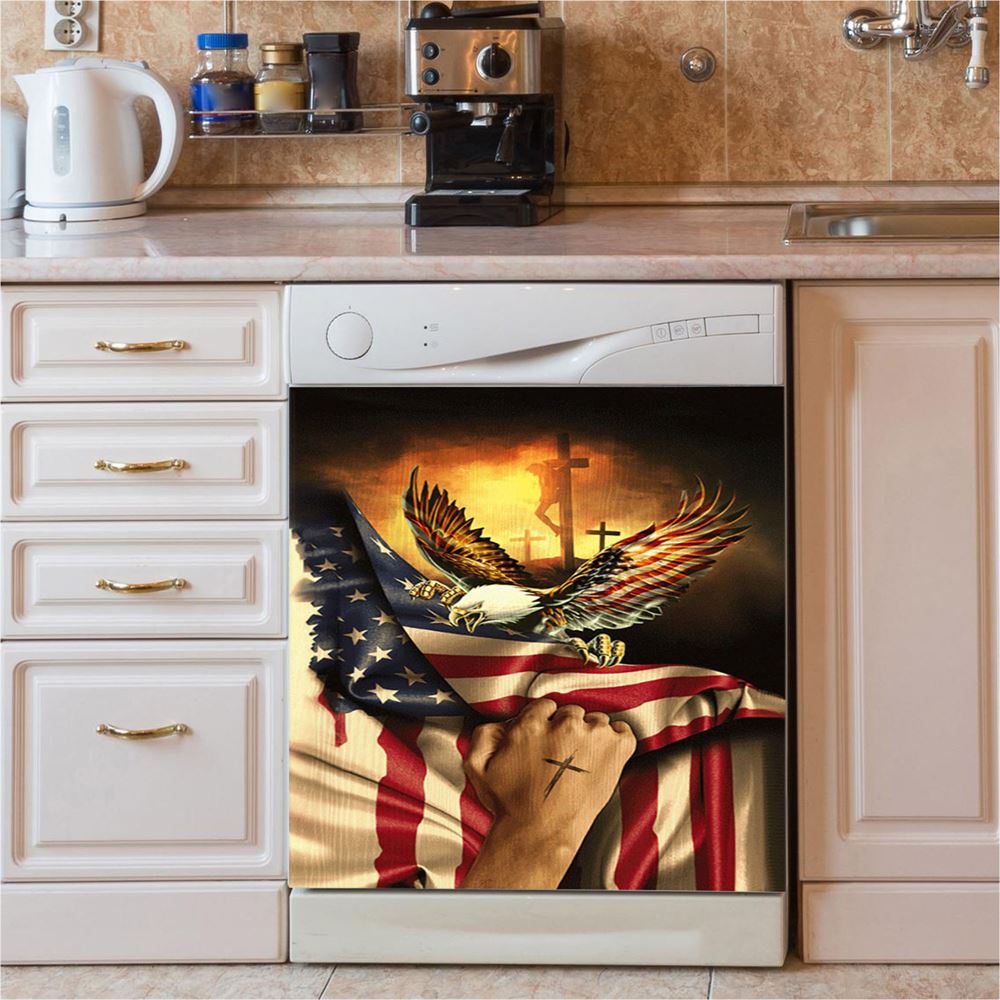 Bald Eagle American Flag Jesus Christ On Cross Take My Hand Dishwasher Cover, Christian Dishwasher Magnet Cover