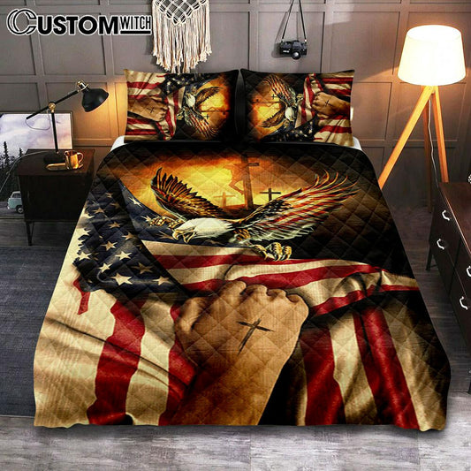 Bald Eagle American Flag Jesus Christ On Cross Take My Hand Quilt Bedding Set Bedroom - Christian Quilt Bedding Set Prints