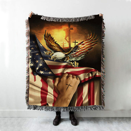 Bald Eagle American Flag Jesus Christ On Cross Take My Hand Woven Throw Blanket - Christian Woven Blanket Prints