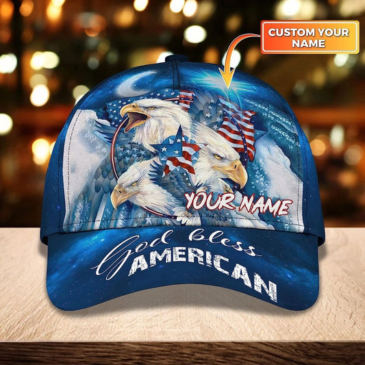 Bald Eagle God Bless America Flag Custom Name Baseball Cap, Christian Baseball Cap, Religious Cap, Jesus Gift, Jesus Hat