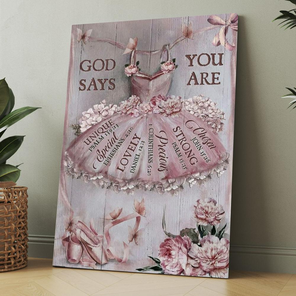 Ballet Drawing, Pretty Pink Dress, Lovely Peony, God Says You Are Canvas, Christmas Gift for Christian