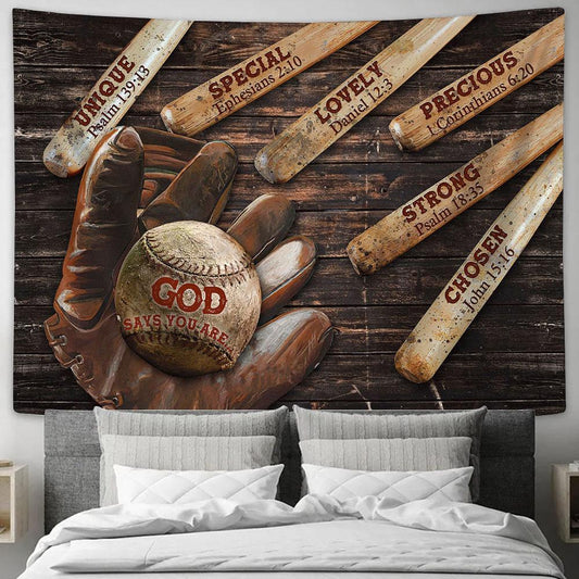 Baseball, God Says You Are Tapestry Wall Art - Bible Verse Tapestry - Religious Tapestry Wall Hanging
