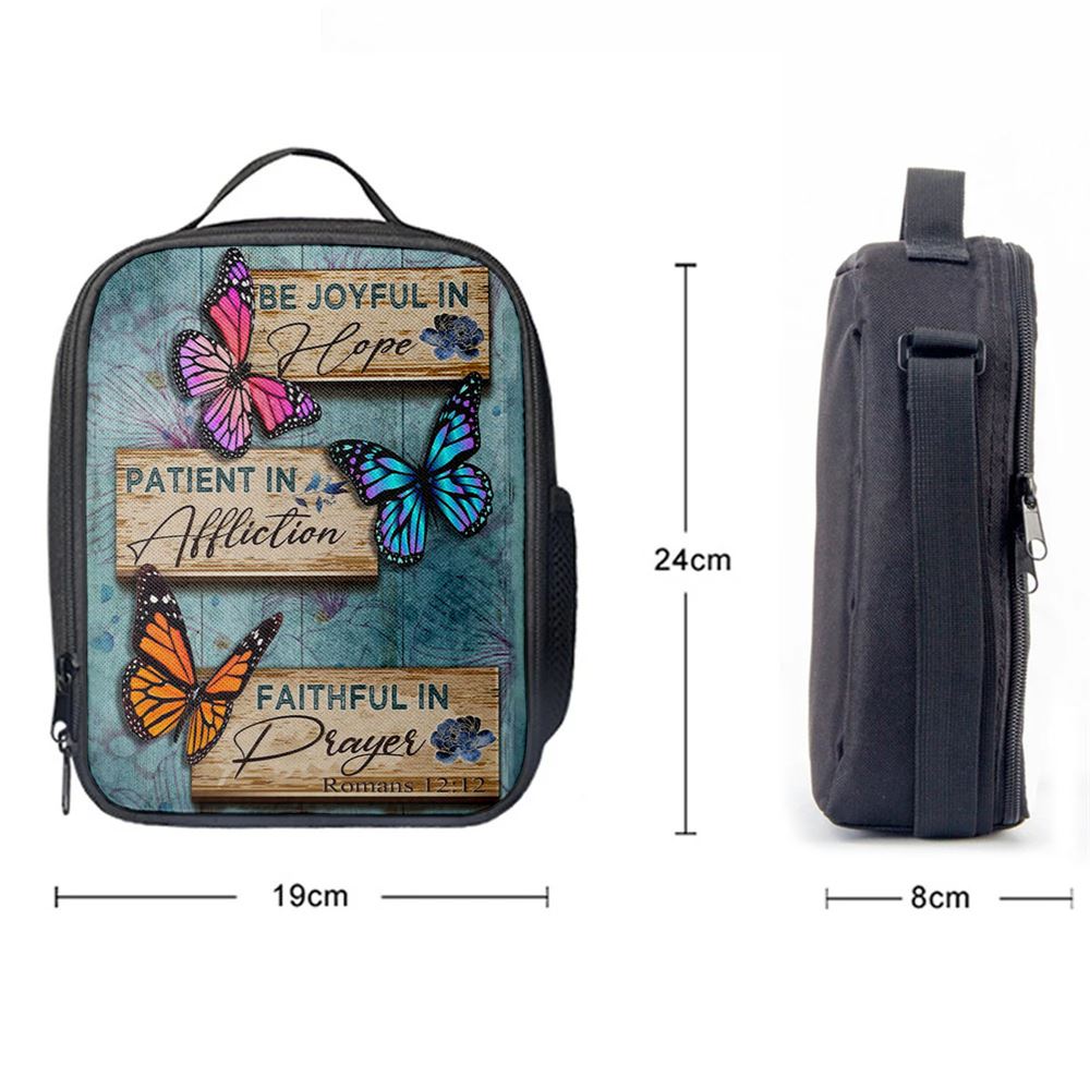 Be Joyful In Hope Romans 1212 Butterflies Christian Lunch Bag, Christian Lunch Bag For School, Picnic, Religious Lunch Bag