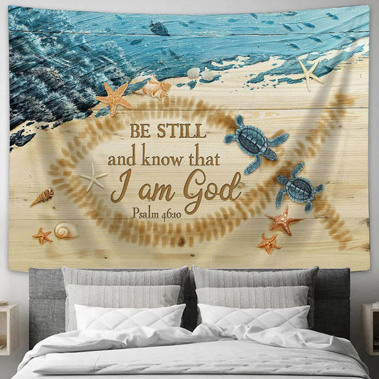 Be Still And Know That I Am God Beach Couple Sea Turtle Starfish Conch Tapestry Wall Art - Bible Verse Tapestry - Religious Tapestry Wall Hanging