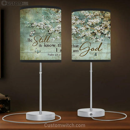 Be Still And Know That I Am God Blue Butterfly White Flowers Large Table Lamb - Christian Lamb Gift - Bible Verse Table Lamb Art