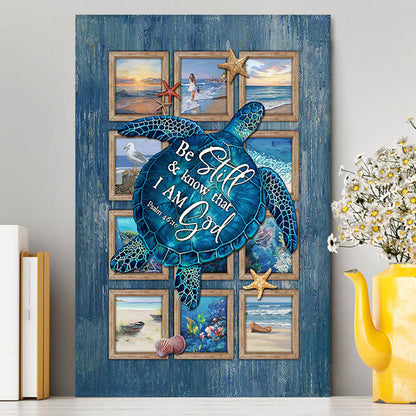 Be Still And Know That I Am God Blue Sea Turtle Starfish Canvas Wall Art - Bible Verse Canvas Art - Inspirational Art - Christian Home Decor